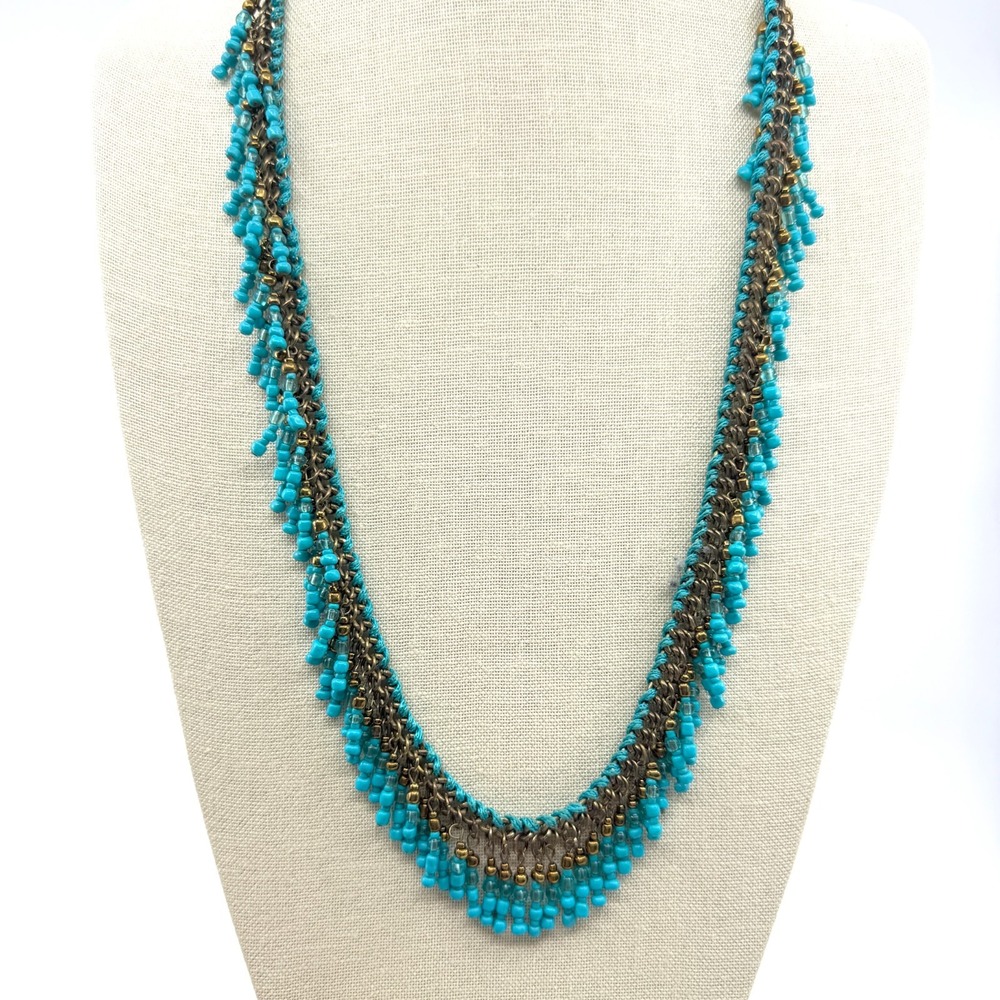 Turquoise & Bronze Tone Beaded Fringe Necklace Statement Jewelry Artisan Style